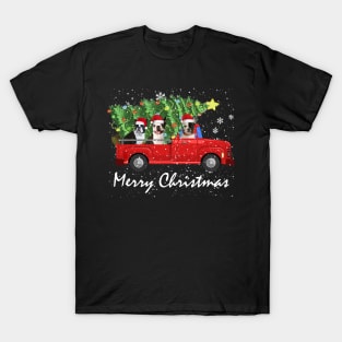 Car Red Truck Merry Christmas Tree Funny Bully Dog T-Shirt